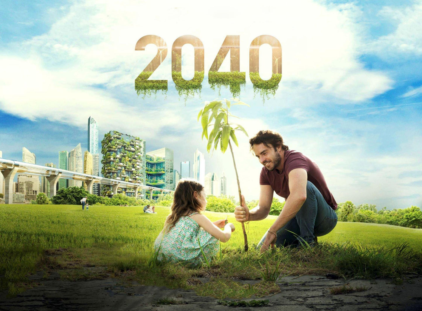 2040 cover. A man and a young girl plant a tree in a green field with a futuristic eco-friendly city in the background