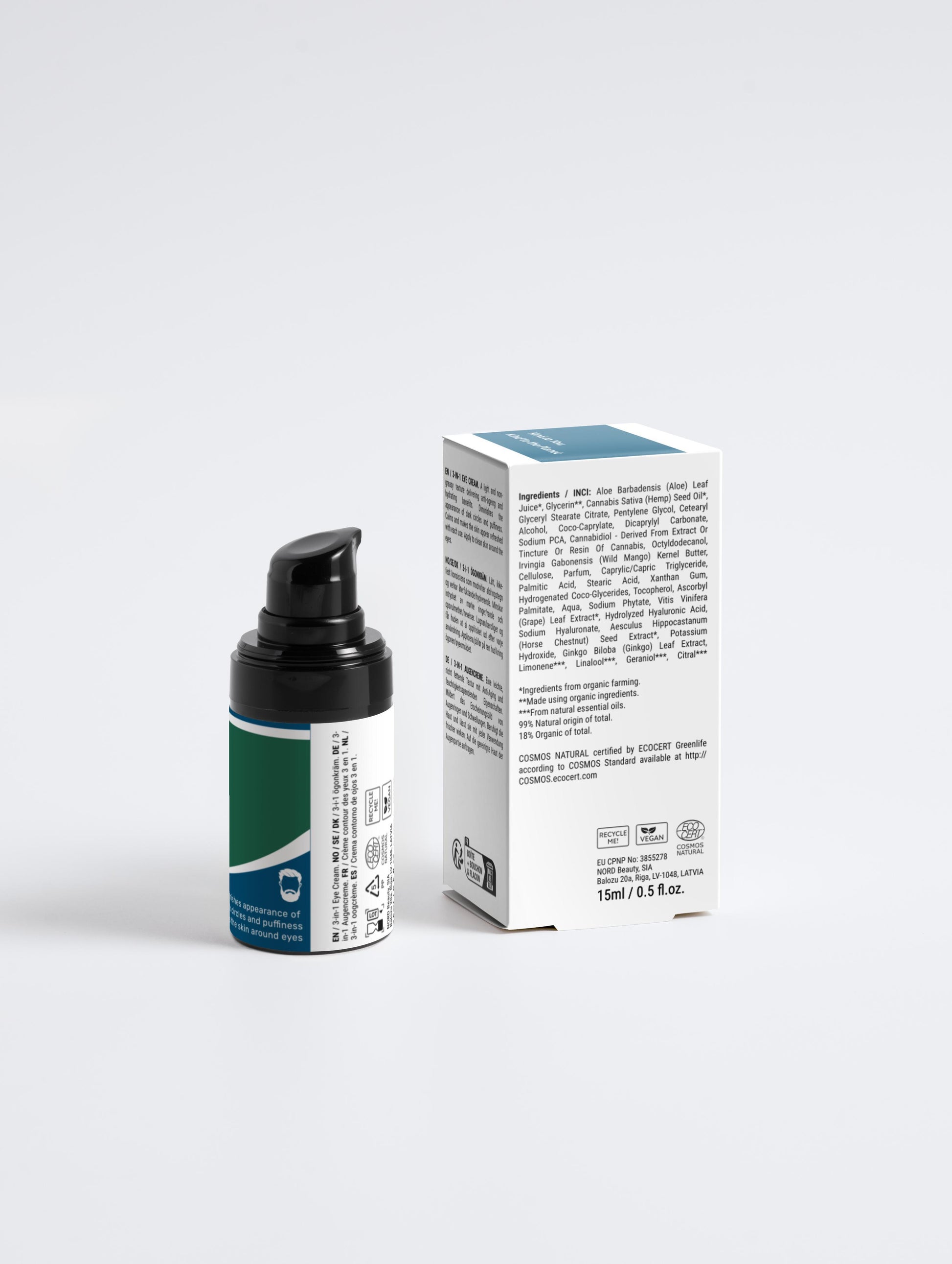 3-in-1 Men's Eye Cream with box back in a black pump bottle with Green Cloud Nine Logo