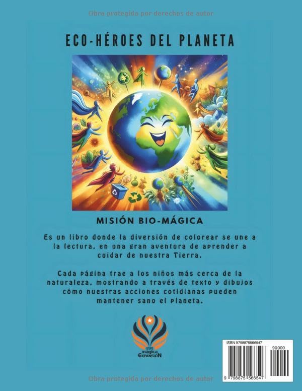 Book cover of 'Eco-Héroes del Planeta' with a colorful illustration of the Earth and children around it on a blue background.