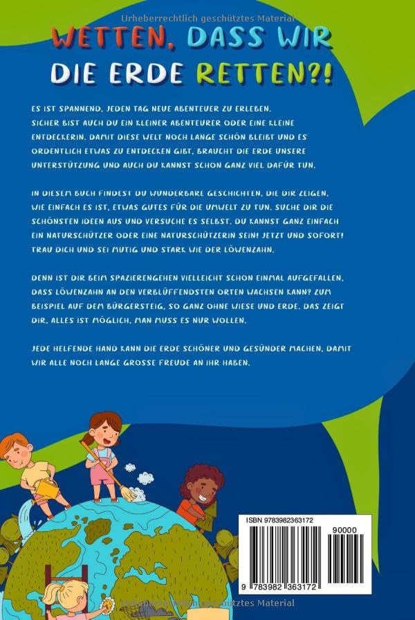 Back cover of a book with children around the world and a blue background