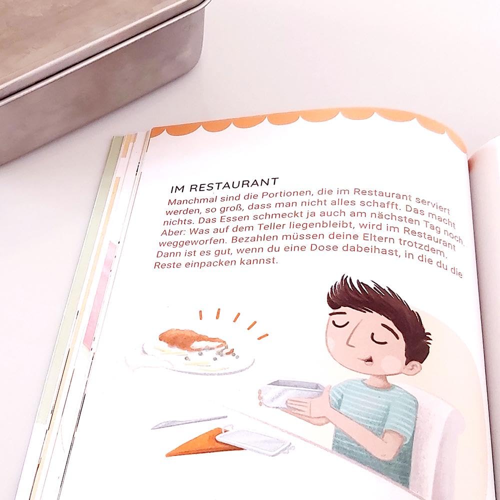Open book with a page showing an illustration of a child in a restaurant and German text.