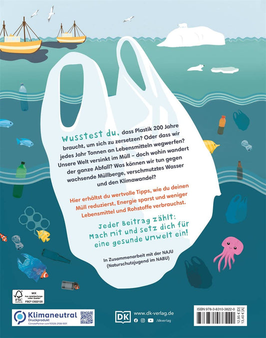 Book cover with a plastic bag in the ocean, surrounded by marine life and text about environmental issues.