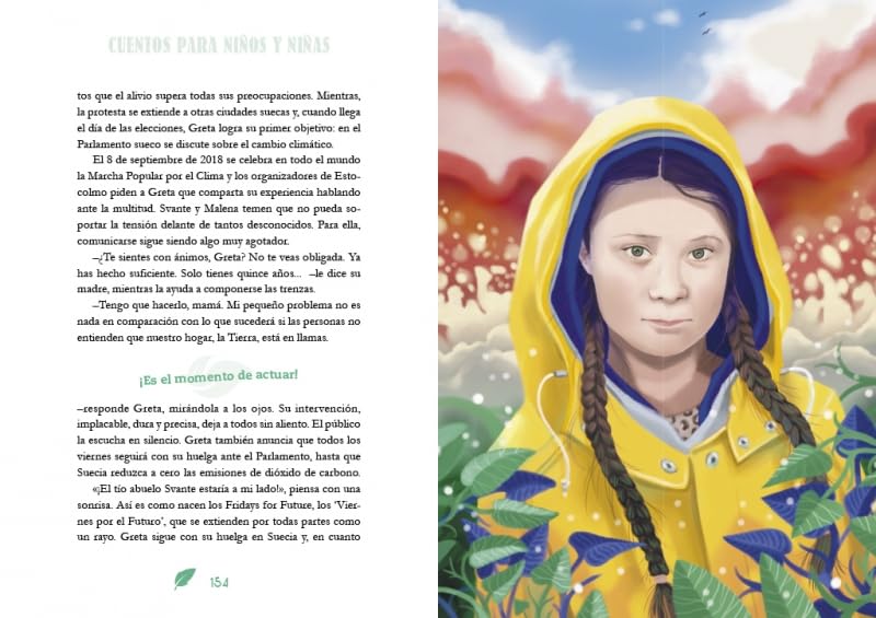 Book page with a illustration of a person in a yellow raincoat and blue hood, surrounded by nature.