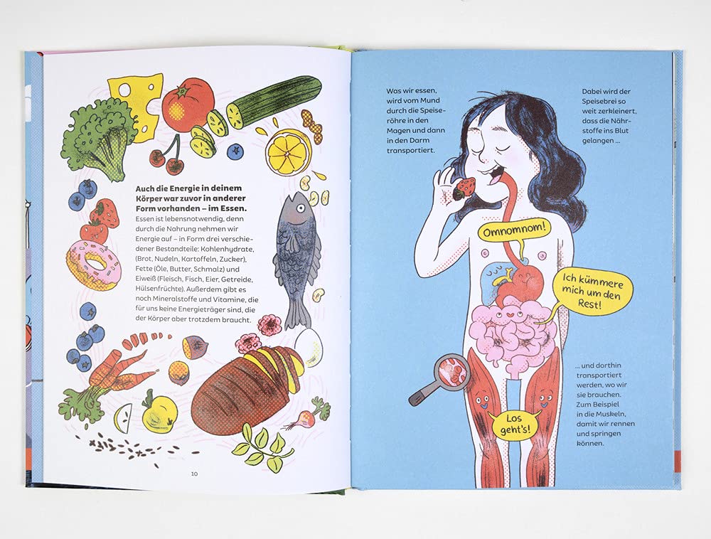 Illustrated book open to a page with food graphics and a diagram of a person's digestive system.