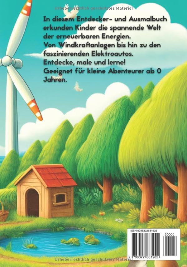 Illustrated book cover with a wind turbine, cabin, and trees on a blue sky background
