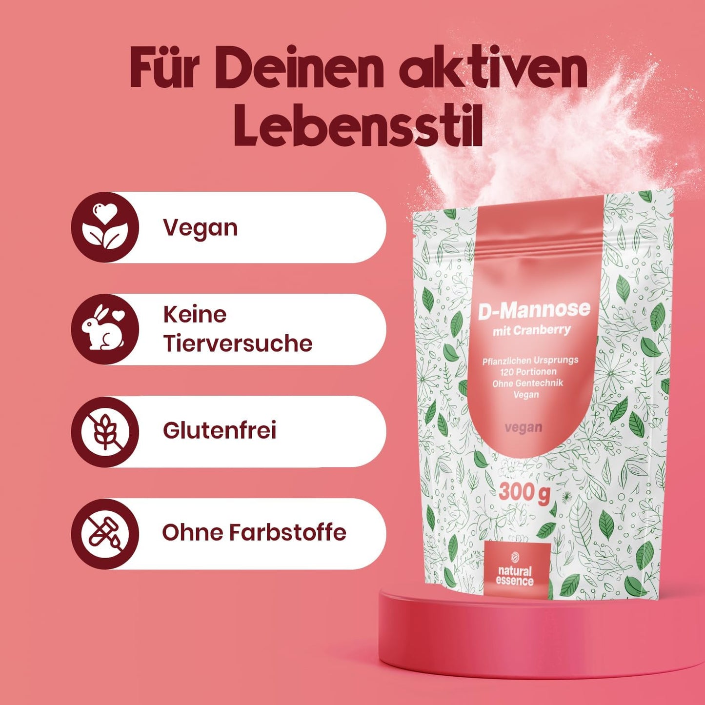 D-Mannose Pulver mit Cranberry - 300g optimal hochdosiert & auflösbar in Wasser - 120 Tage Vorrat, blasenentzündung vegan und Produziert in Deutschland