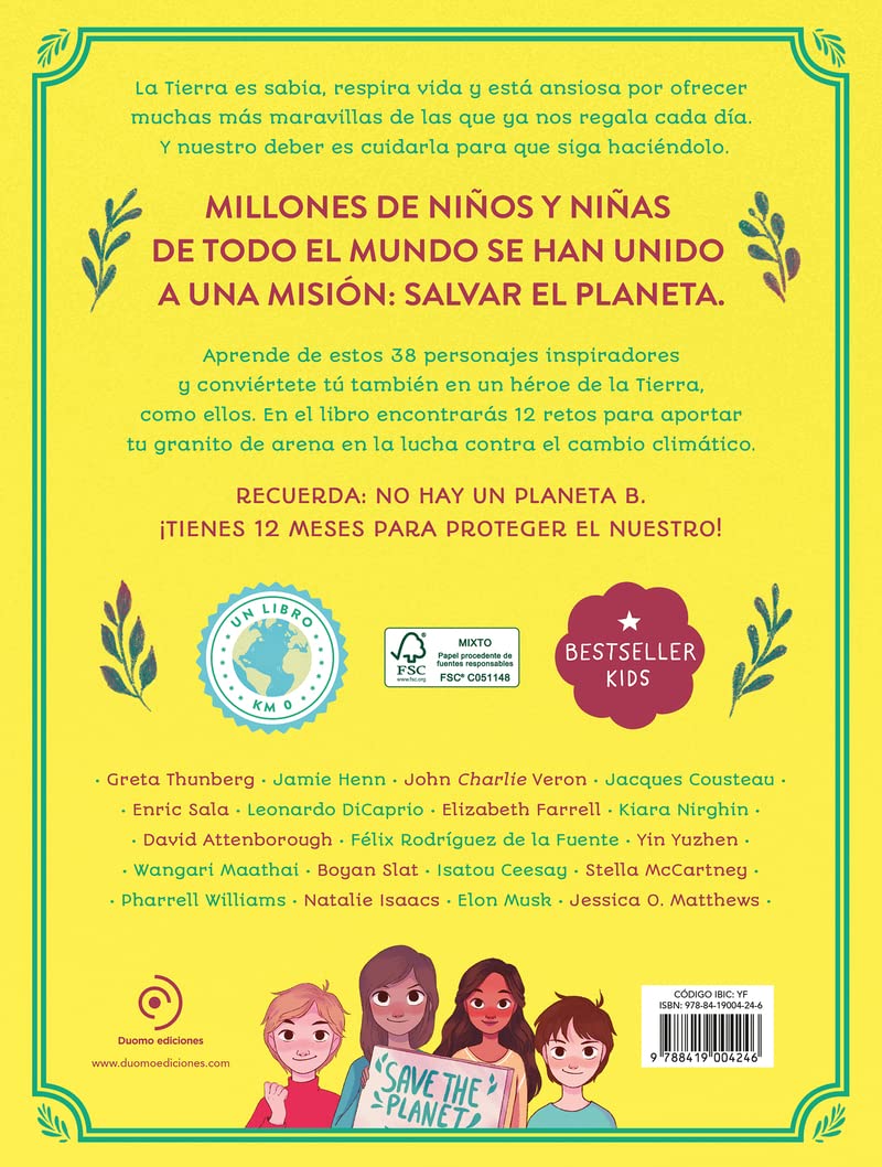 Book cover with a yellow background and text in Spanish about saving the planet, featuring images of children and a globe.
