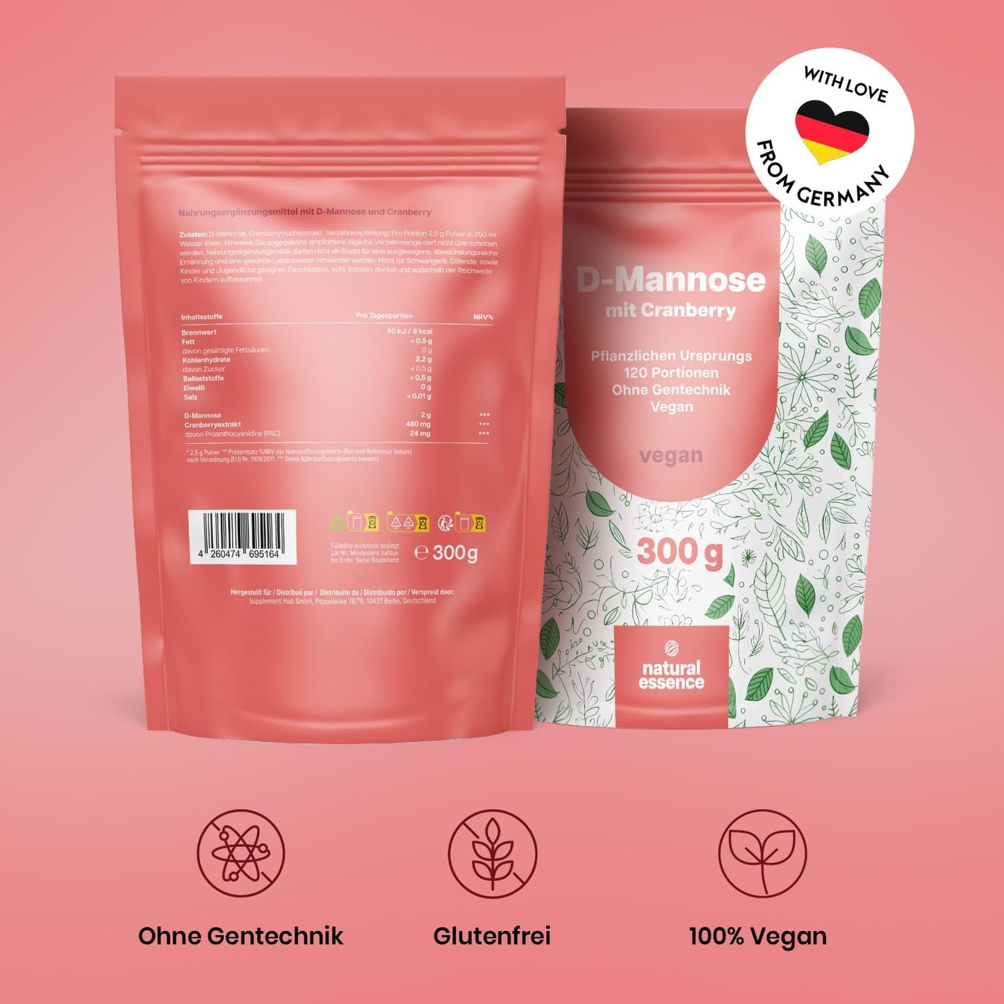 D-Mannose Pulver mit Cranberry - 300g optimal hochdosiert & auflösbar in Wasser - 120 Tage Vorrat, blasenentzündung vegan und Produziert in Deutschland