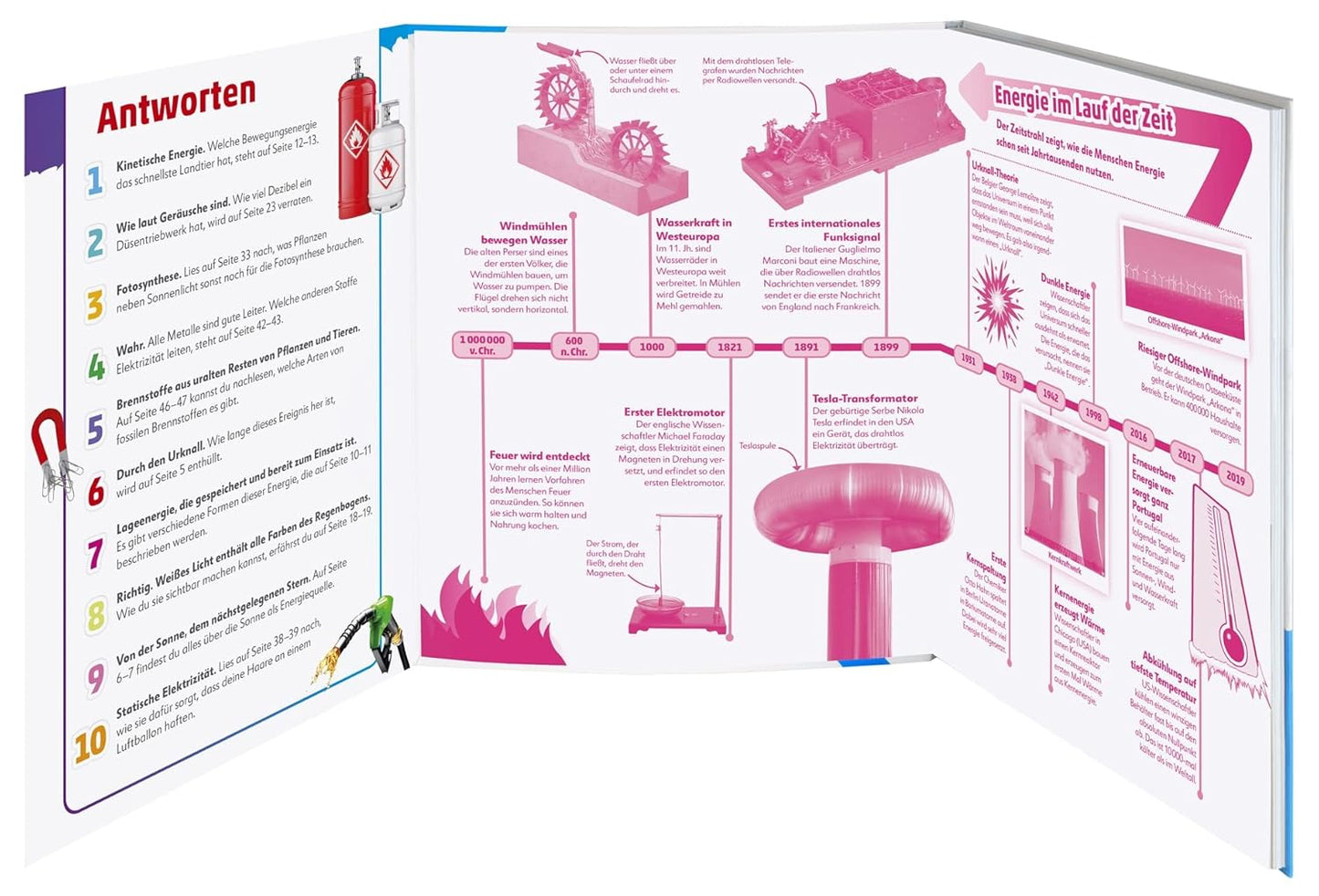 Open book with educational content on energy over time, featuring diagrams and text.