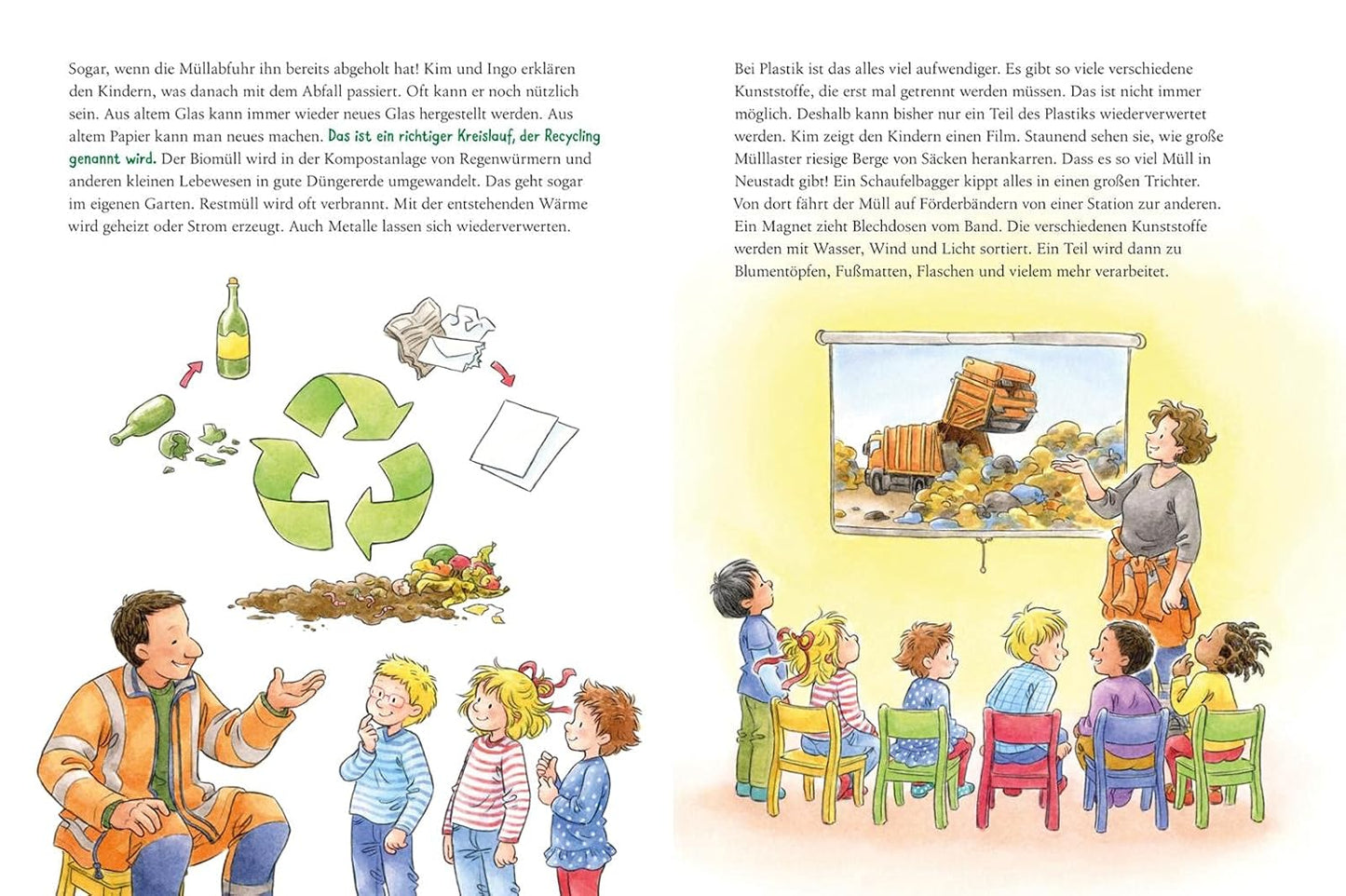 Illustrated book page showing a classroom scene with children and a teacher, including recycling symbols and a cartoon of a miller.
