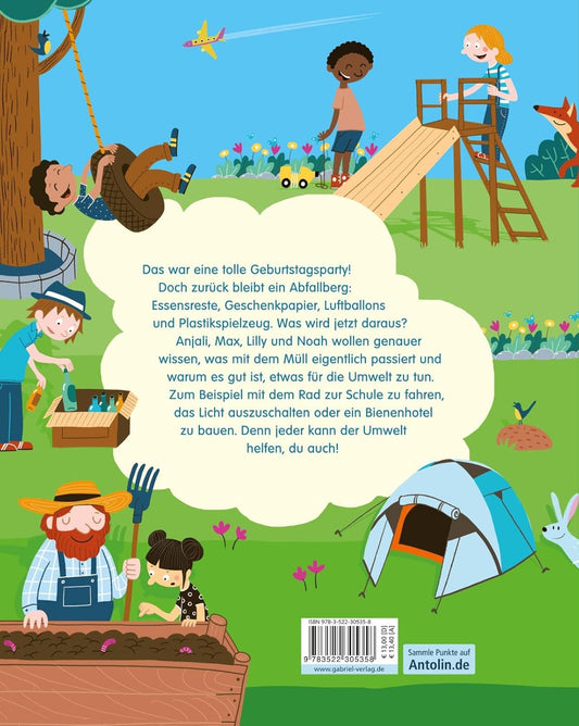 Children's book back cover with illustrations of children playing outdoors and a thought bubble with text.