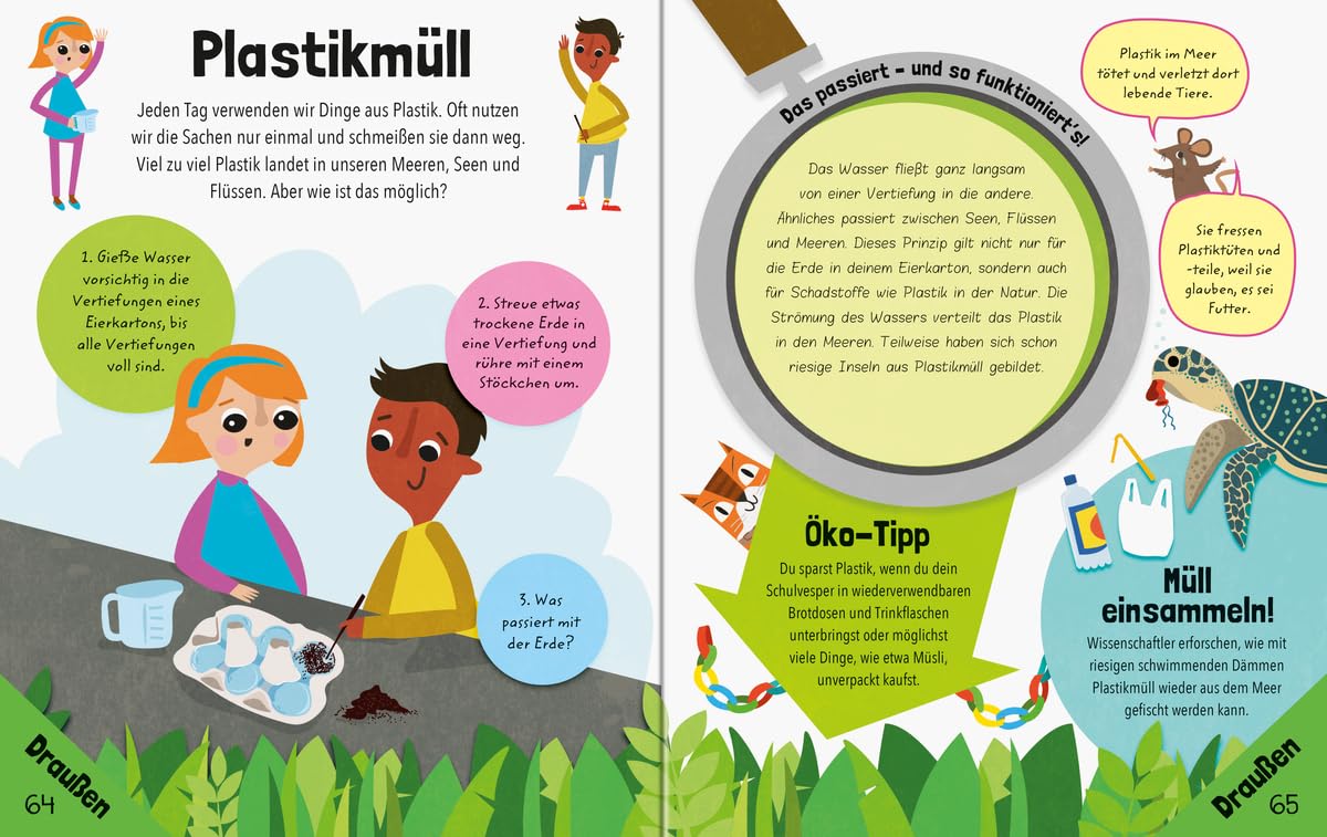 Illustrated book page about plastic pollution with children and nature elements.