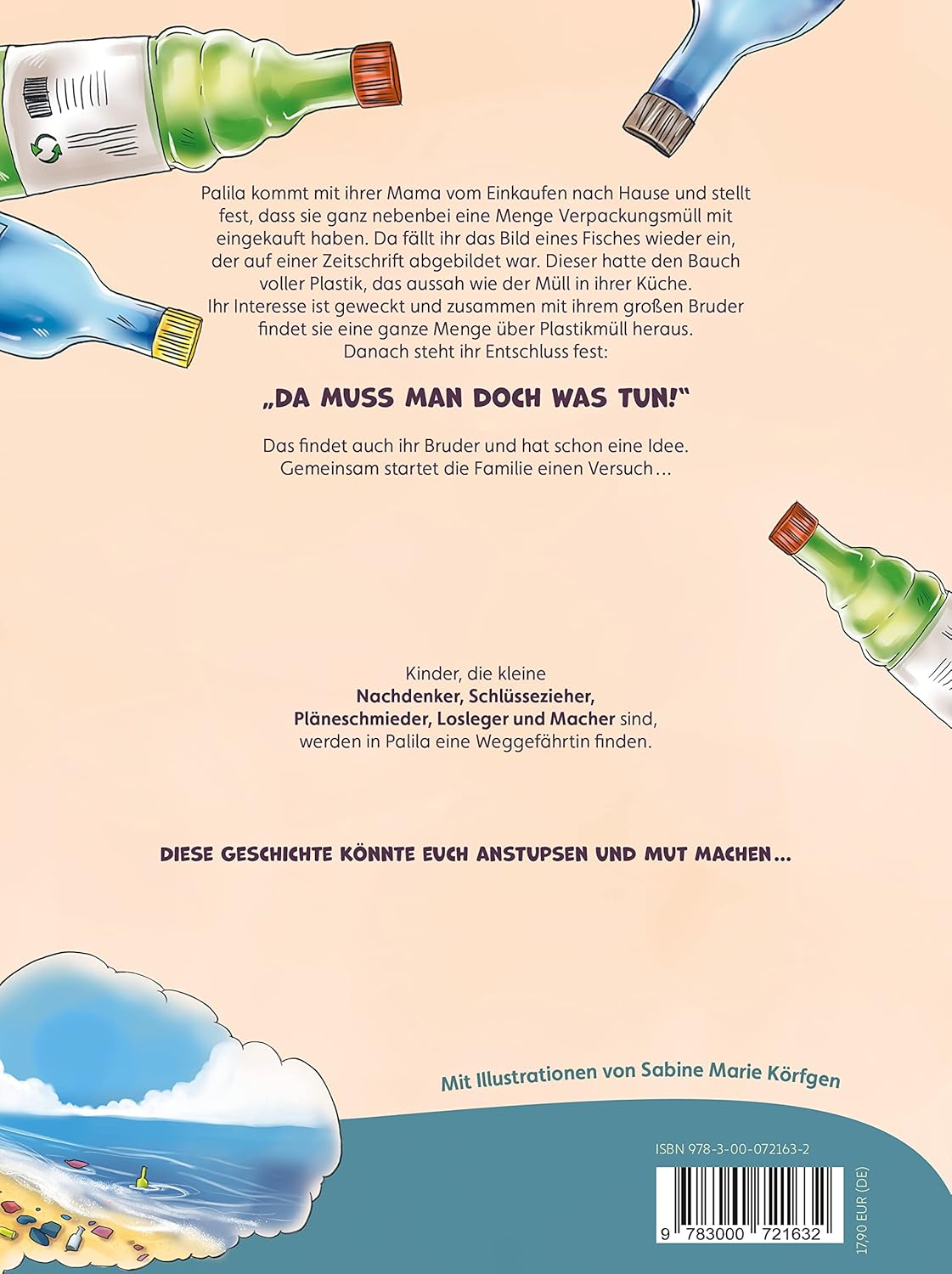 Bookback with illustrations of bottles in the sea and beach scene