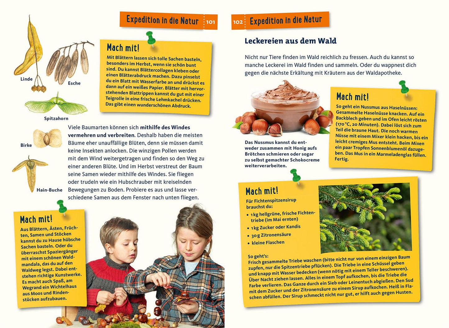 Children exploring nature with plants and animals, educational text on a natural theme.