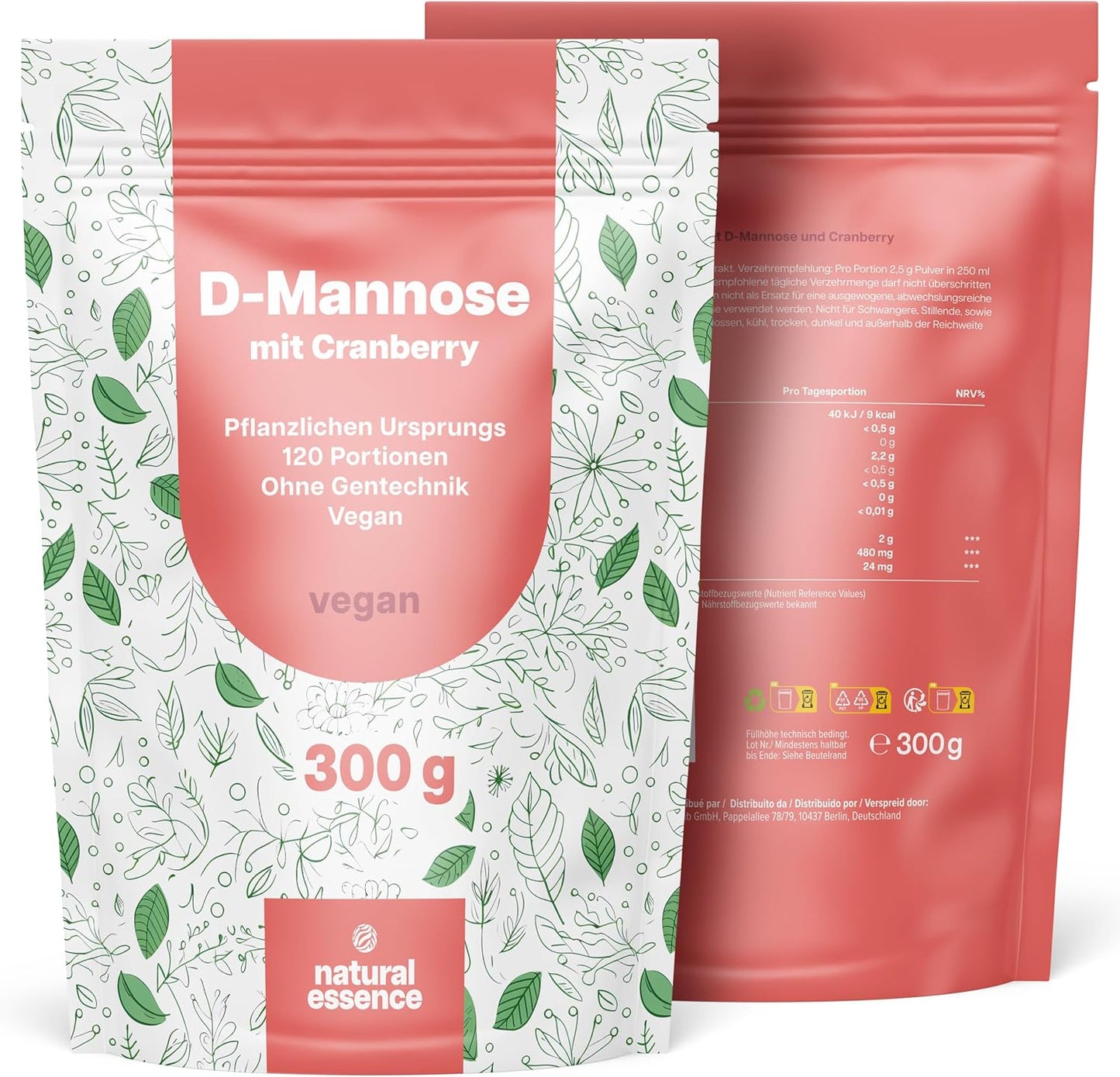 D-Mannose Pulver mit Cranberry - 300g optimal hochdosiert & auflösbar in Wasser - 120 Tage Vorrat, blasenentzündung vegan und Produziert in Deutschland