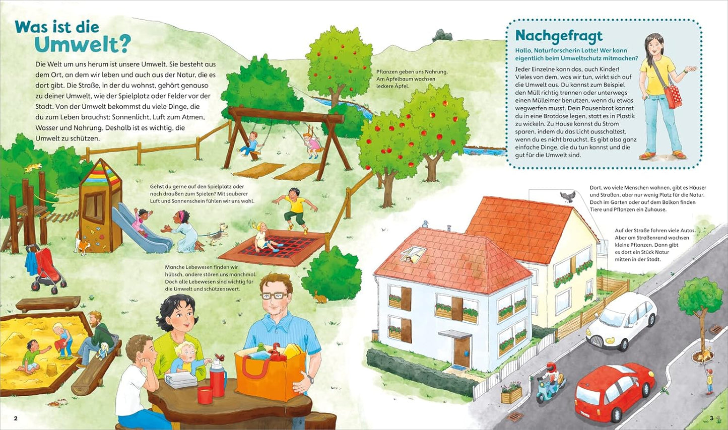 Illustrated page from a book showing a playground, house, and cars with text in German about the environment.