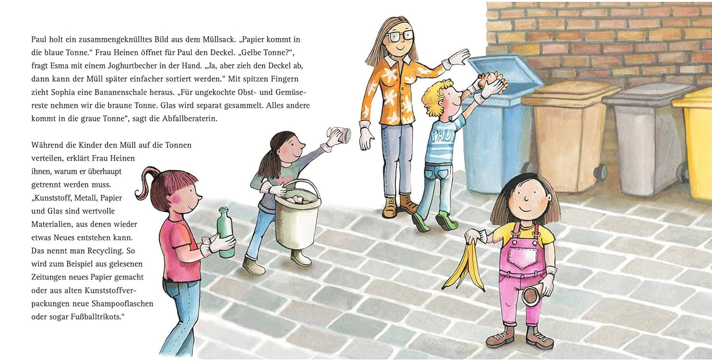 Children's illustration book page showing children and adults recycling in an urban setting.