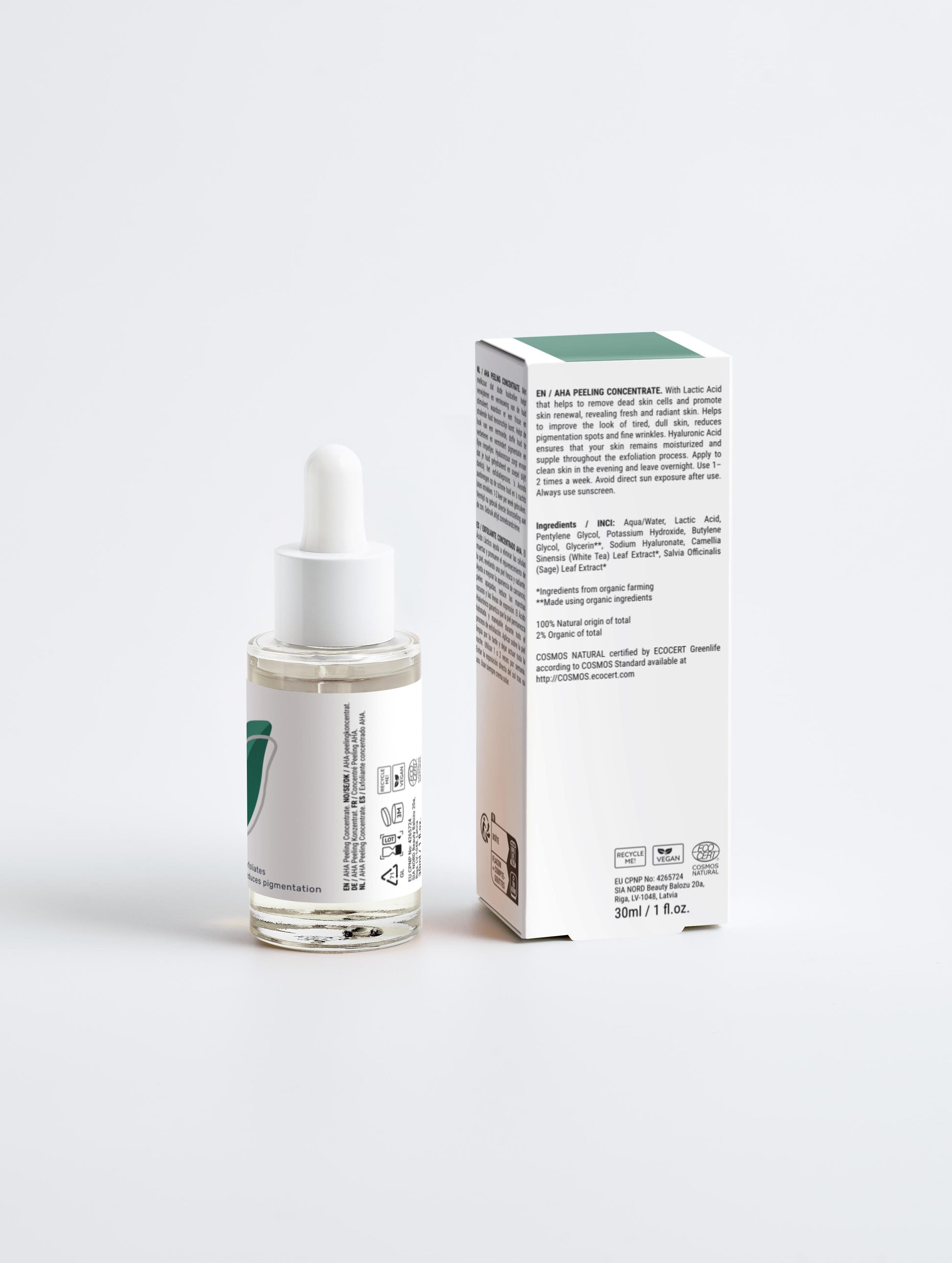 AHA Peeling Concentrate with box back in a glass dropper bottle with Green Cloud Nine Logo