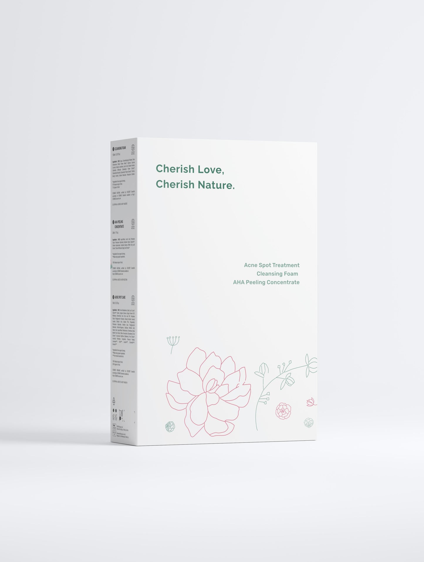 White Green Cloud Nine Acne Care Collection Box back with flower illustrations, on a white background