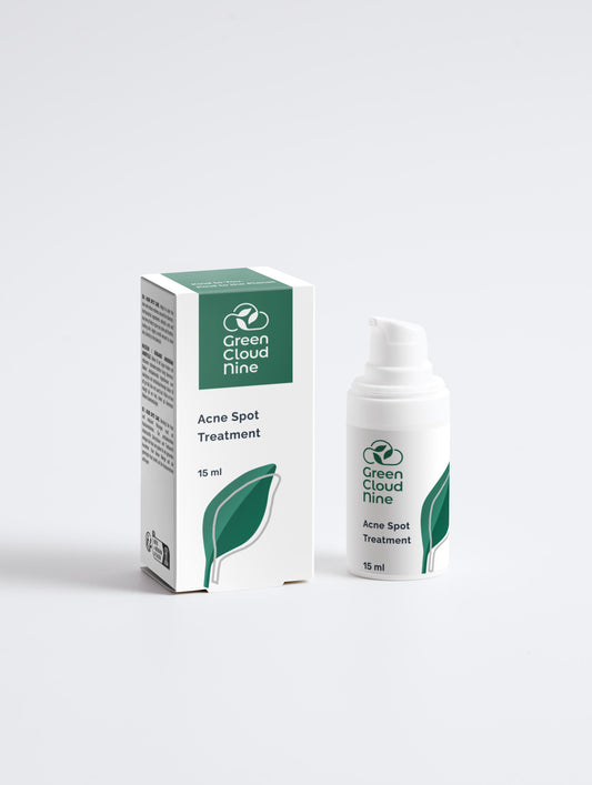 Acne Spot Treatment 15ml with box, in a white pump bottle with Green Cloud Nine Logo on a white background