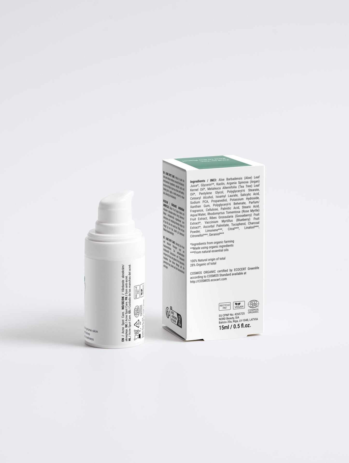 Acne Spot Treatment 15ml with box back, in a white pump bottle with Green Cloud Nine Logo on a white background