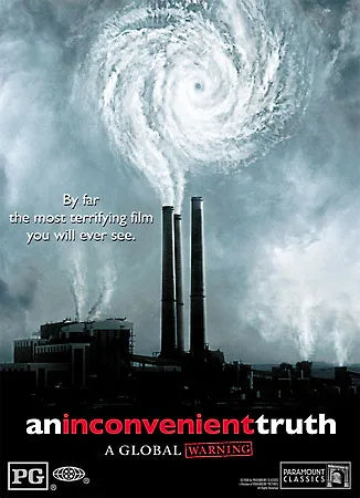 A smokestack forming a hurricane, symbolizing global warming and climate crisis form an Inconvenient Truth cover