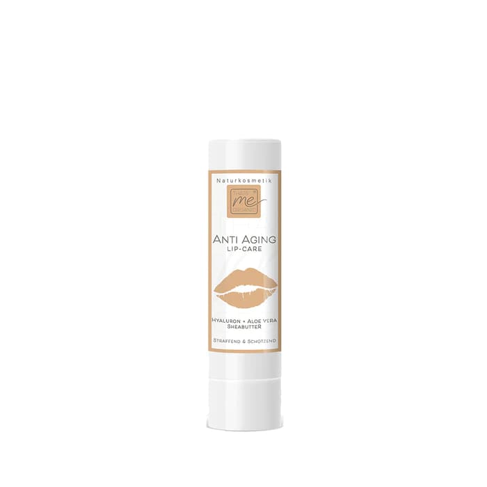 Organic lip balm with hyaluron, propolis, aloe vera & shea butter on a white background