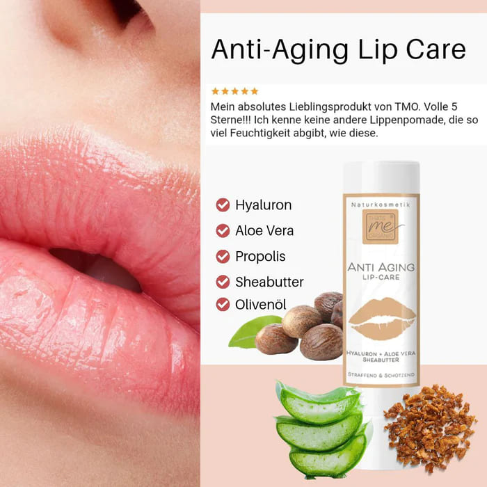 Close-up of lips and Organic lip balm with hyaluron, propolis, aloe vera & shea butter