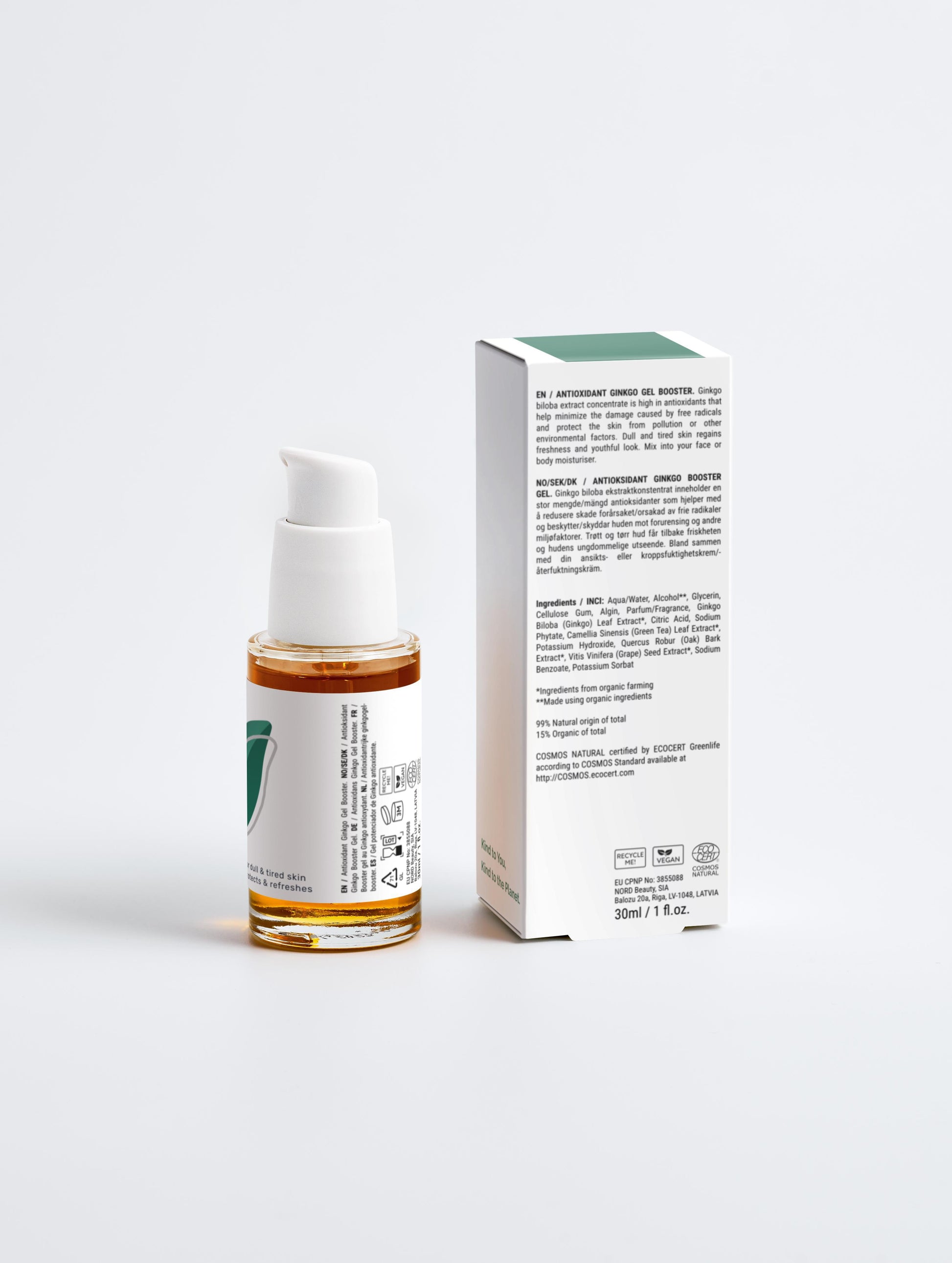 Antioxidant Ginkgo Gel Booster with box back. White pump with Green Cloud Nine logo back