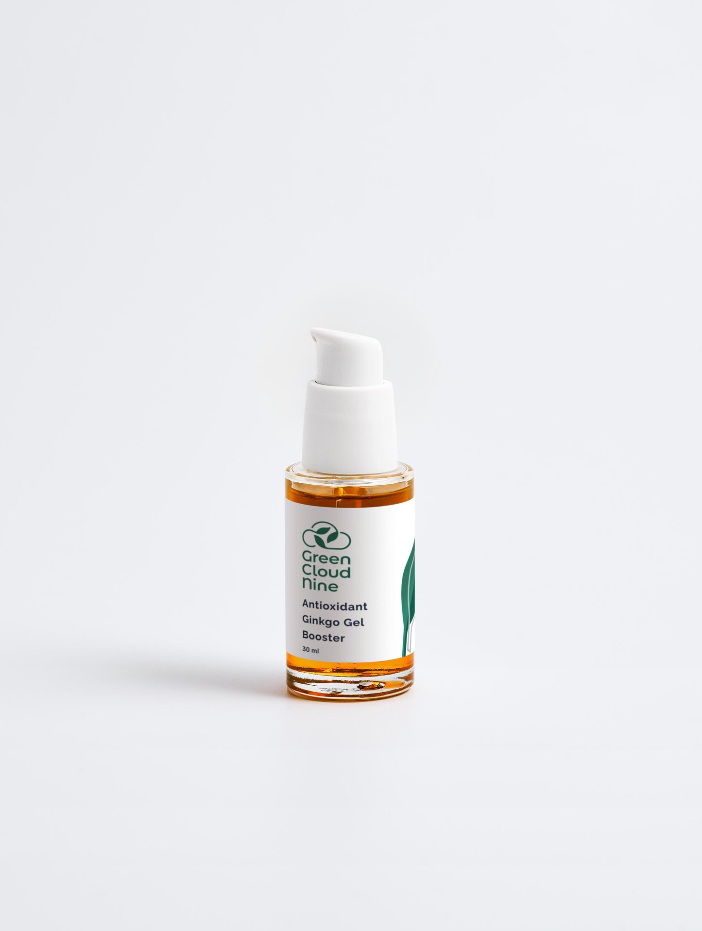 Antioxidant Ginkgo Gel Booster in a white pump bottle with Green Cloud Nine logo