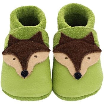 Baby slippers made of Ecopell leather with fox faces on soft shoes.