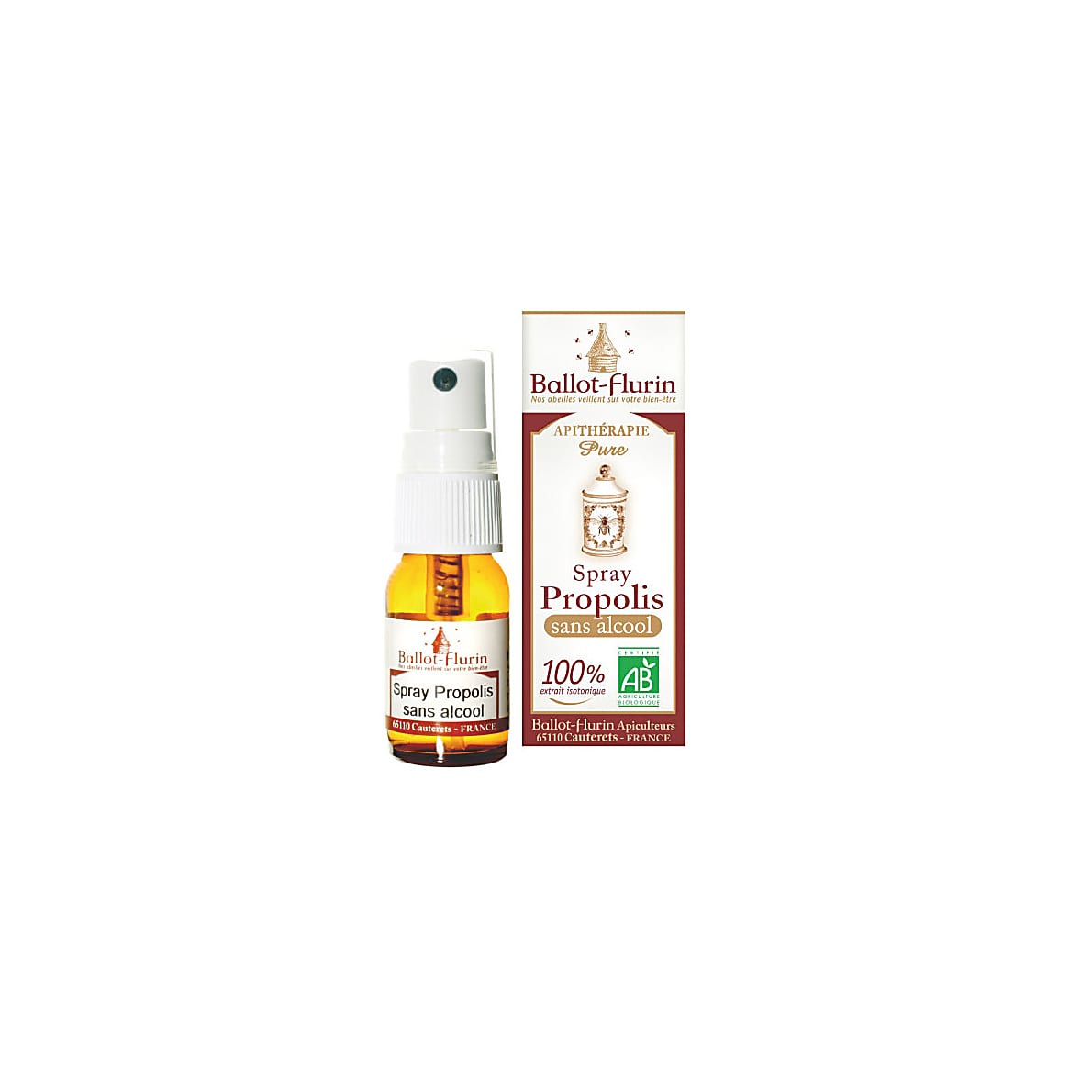 Ballot-Flurin propolis spray and box shown side by side. Natural, alcohol-free formula