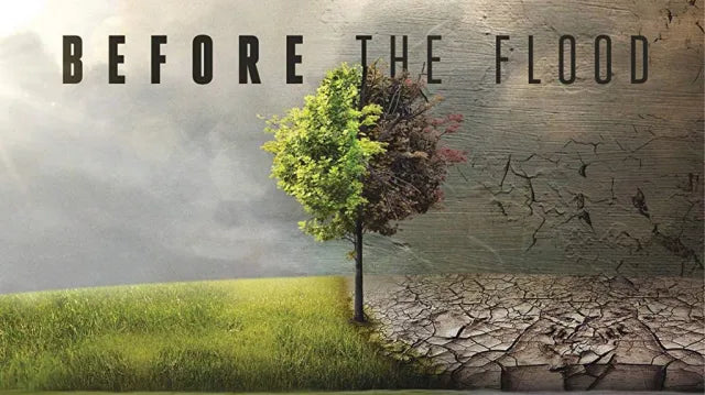 A tree split between lush greenery and cracked earth, symbolizing climate change, from Before the Flood documentary cover