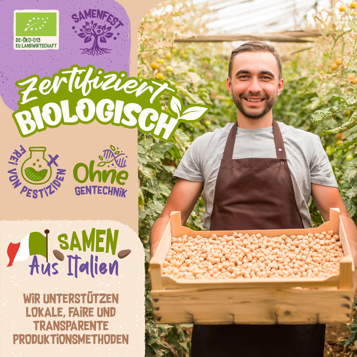 Smiling farmer holding organic seeds in a wooden crate, promoting pesticide-free, GMO-free seeds.