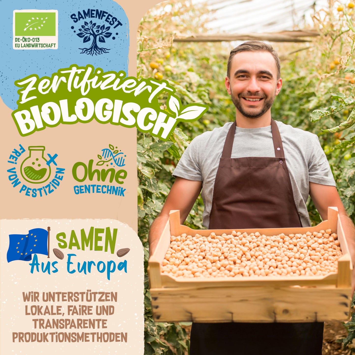 Happy farmer holding a crate of organic seeds, promoting certified European seeds grown without GMOs or pesticides