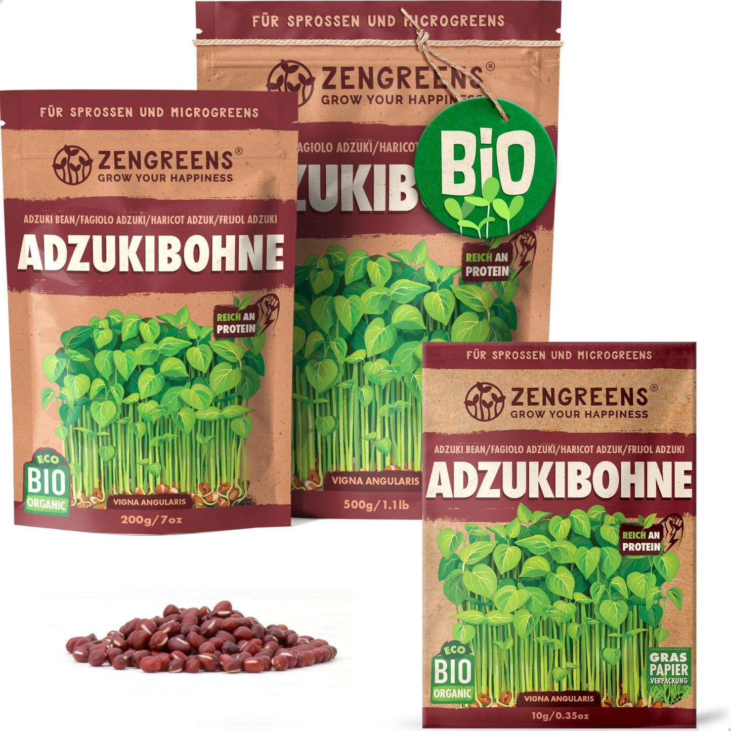 Zengreens organic adzuki bean seeds for sprouts and microgreens in eco-friendly packaging, shown in multiple sizes.