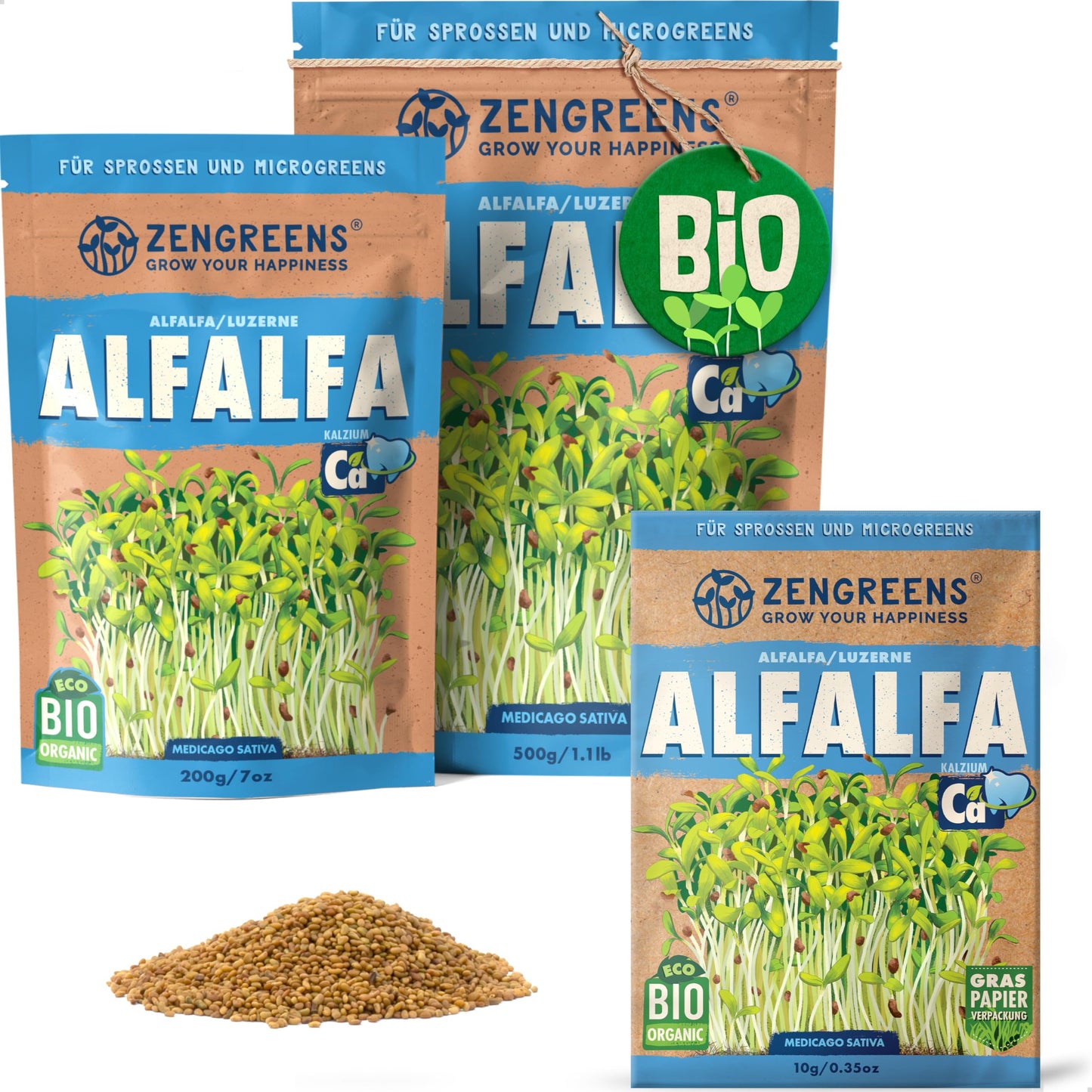 Zengreens organic alfalfa seeds for sprouts and microgreens in eco-friendly packaging, shown in multiple sizes.