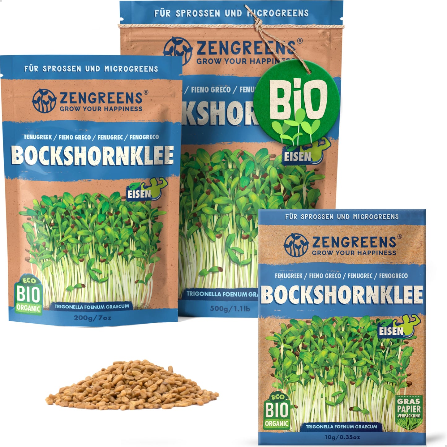 Zengreens organic fenugreek seeds for sprouts and microgreens in eco-friendly packaging, shown in multiple sizes.