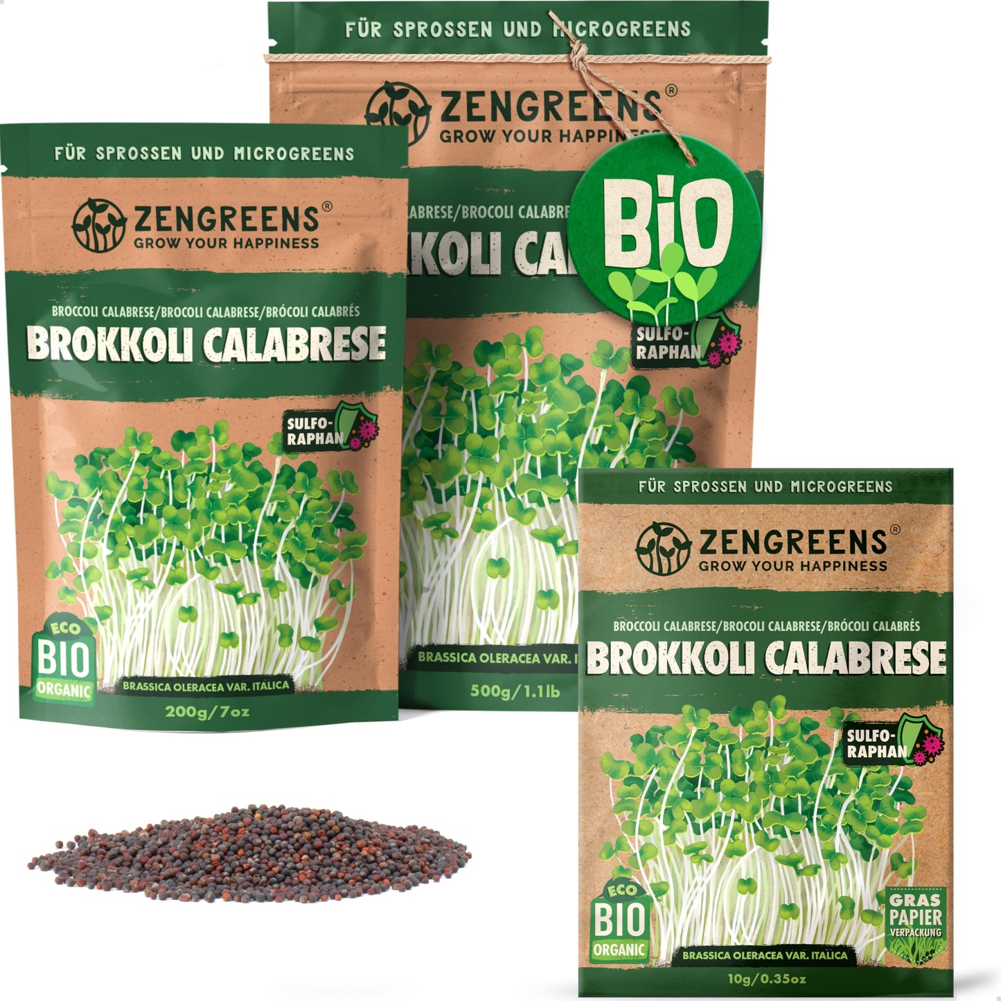 Zengreens organic broccoli calabrese seeds for sprouts and microgreens in eco-friendly packaging, shown in multiple sizes.