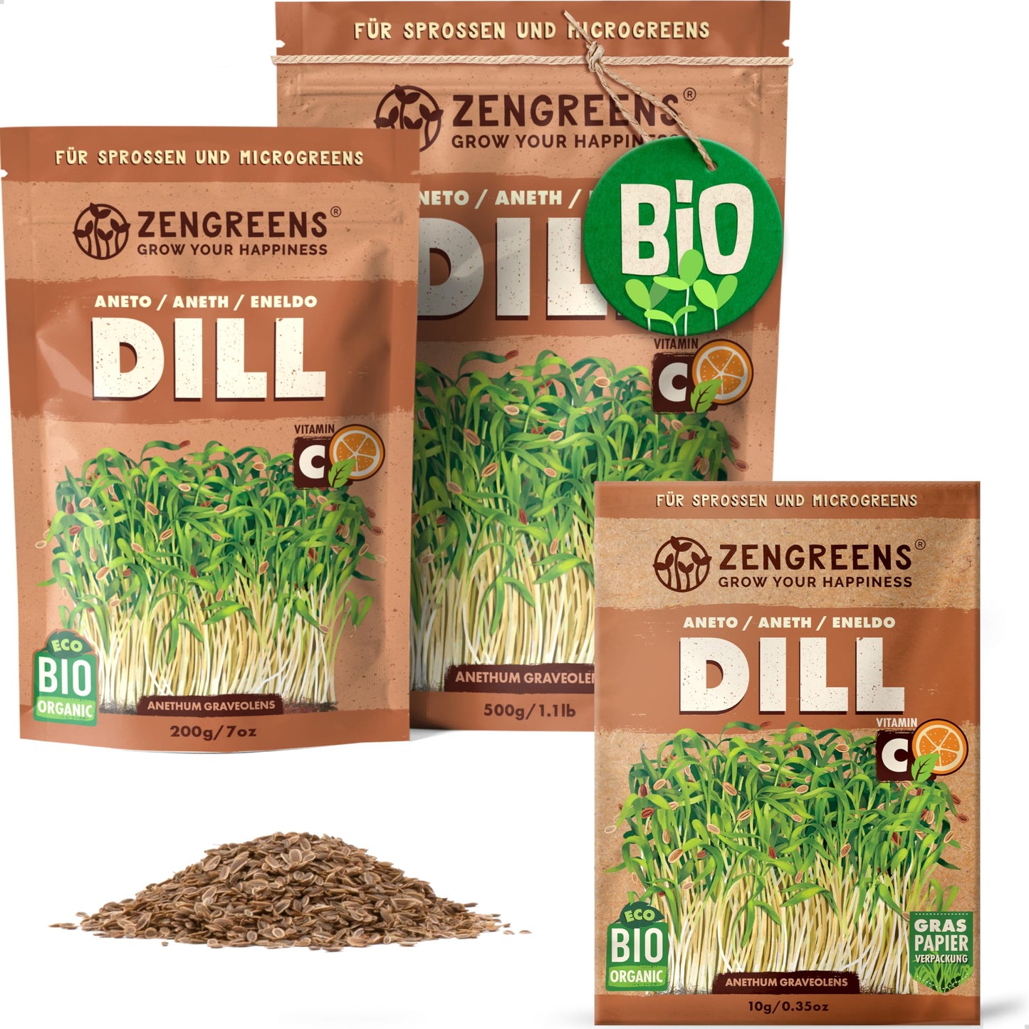 Zengreens organic dill seeds for sprouts and microgreens in eco-friendly packaging, shown in multiple sizes.