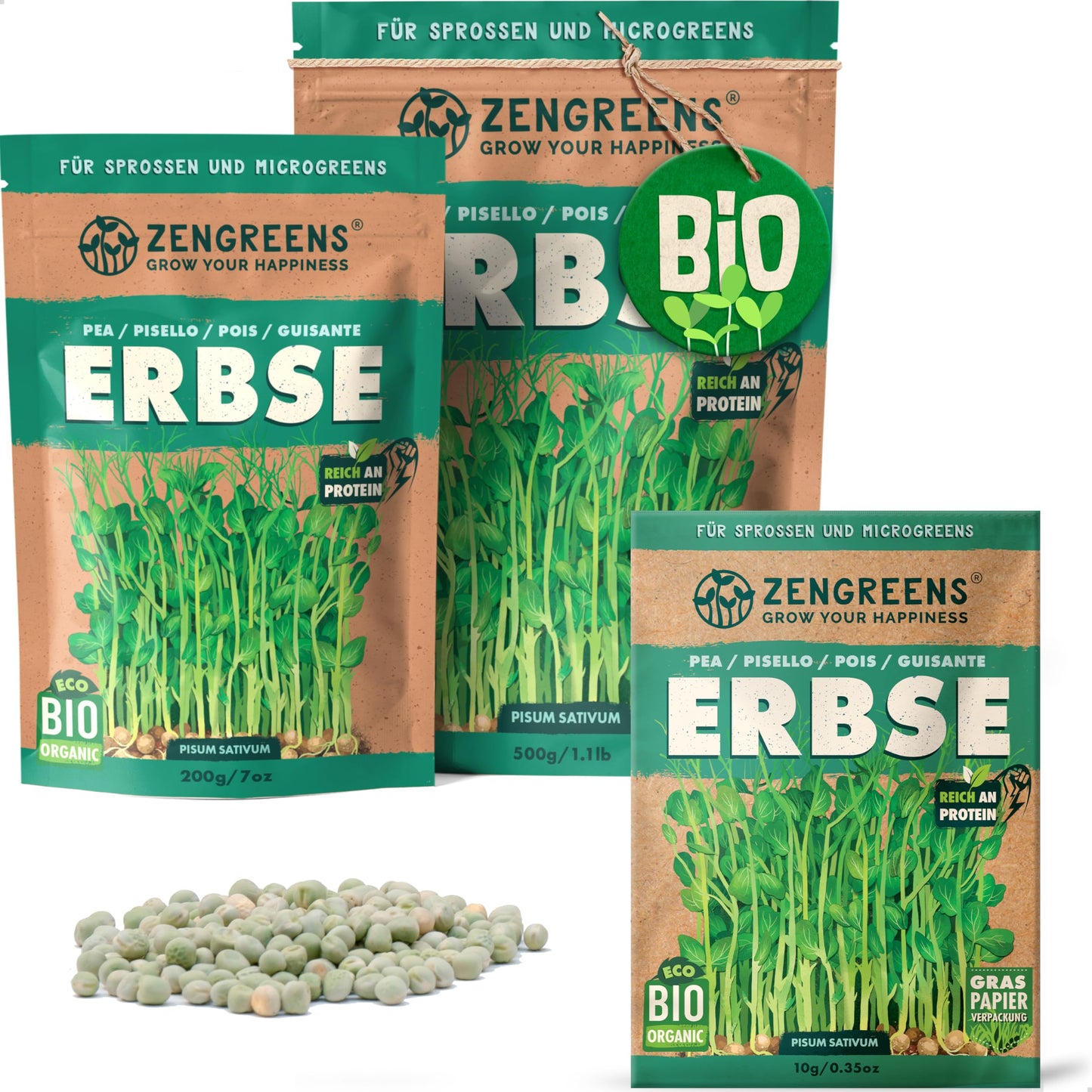 Zengreens organic pea seeds for sprouts and microgreens in eco-friendly packaging, shown in multiple sizes.