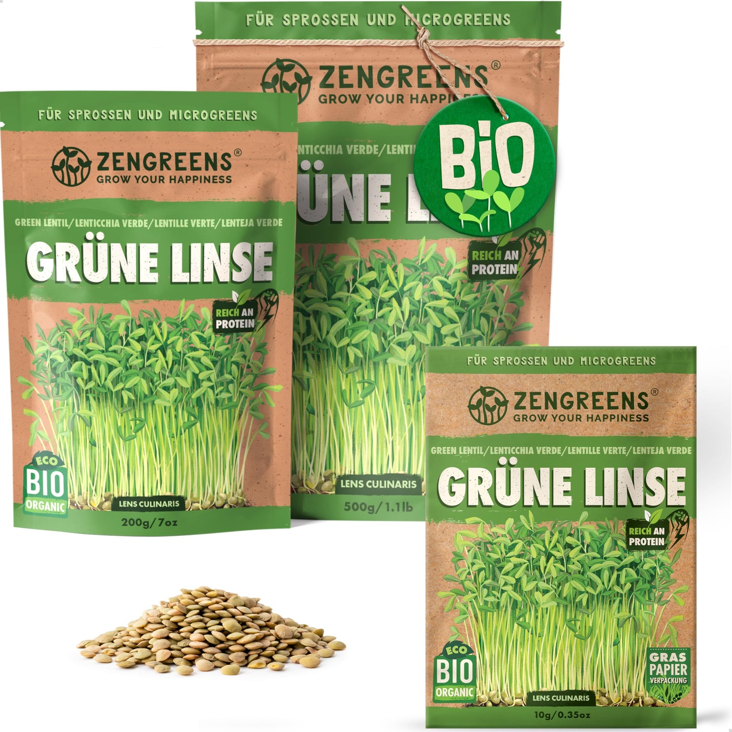Zengreens organic green lens seeds for sprouts and microgreens in eco-friendly packaging, shown in multiple sizes.