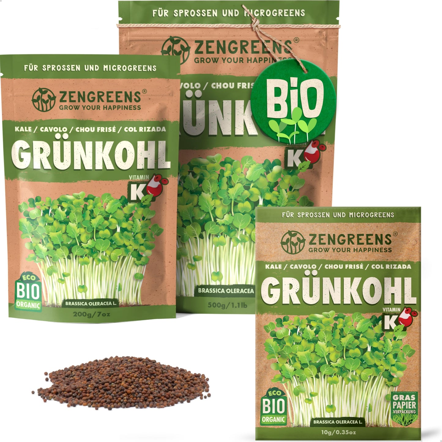 Zengreens organic cabbage seeds for sprouts and microgreens in eco-friendly packaging, shown in multiple sizes.