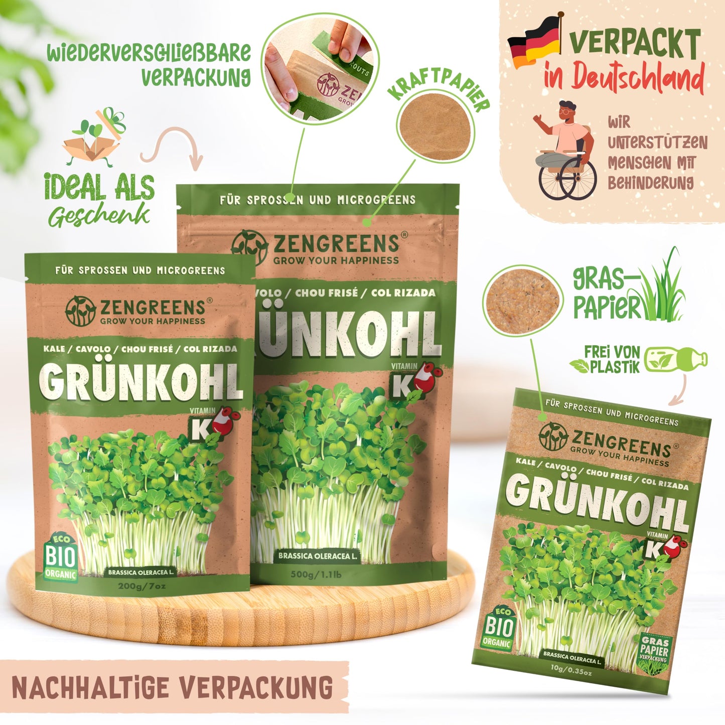 Zengreens organic cabbage seeds in resealable, plastic-free, eco-friendly packaging made in Germany.