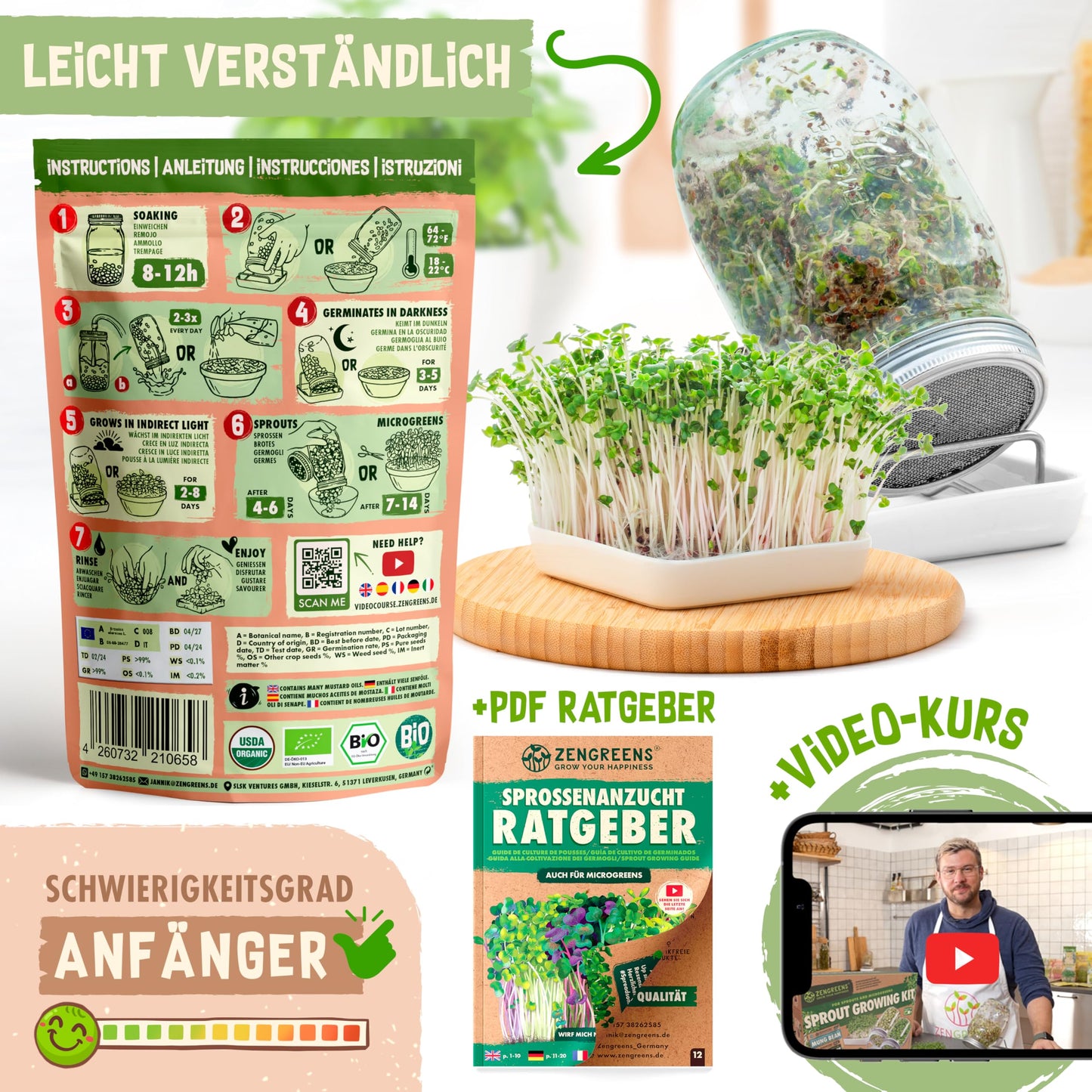 Sprouting seed packaging with step-by-step instructions, jars of sprouts, a growing guide, and beginner-friendly video course.