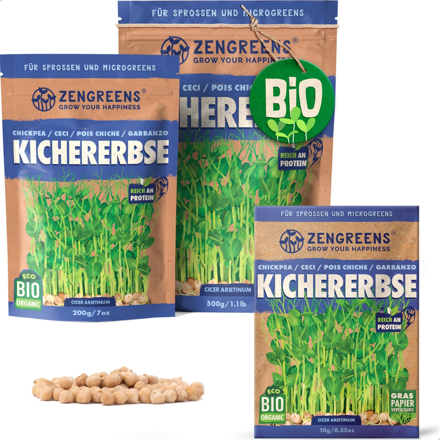 Zengreens organic chickpea seeds for sprouts and microgreens in eco-friendly packaging, shown in multiple sizes.