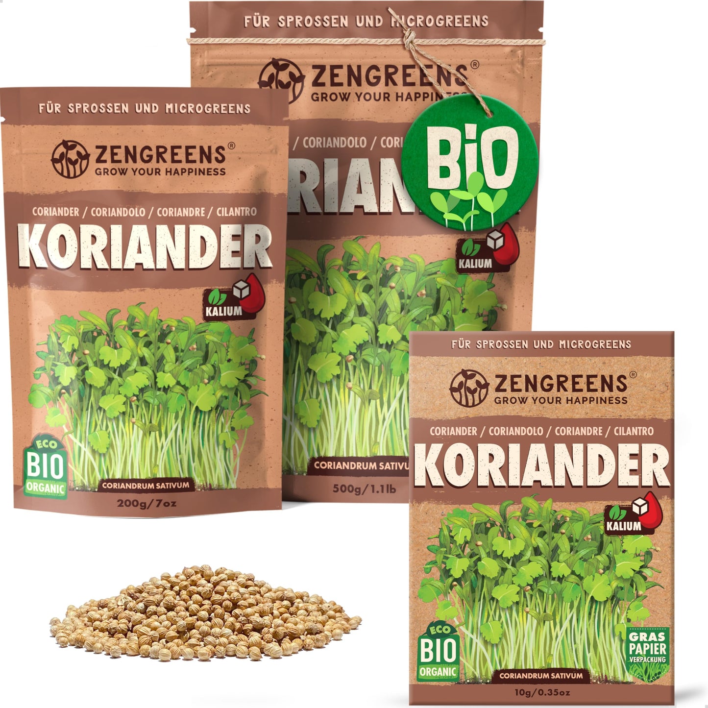 Zengreens organic coriander seeds for sprouts and microgreens in eco-friendly packaging, shown in multiple sizes.