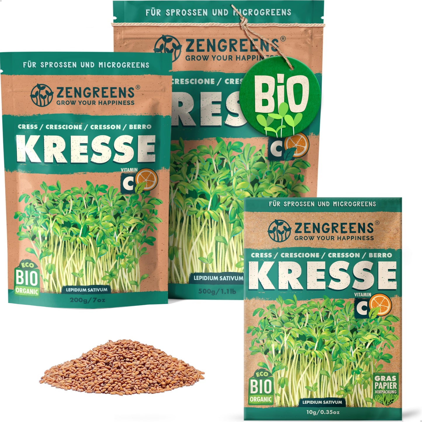 Zengreens organic cress seeds for sprouts and microgreens in eco-friendly packaging, shown in multiple sizes.