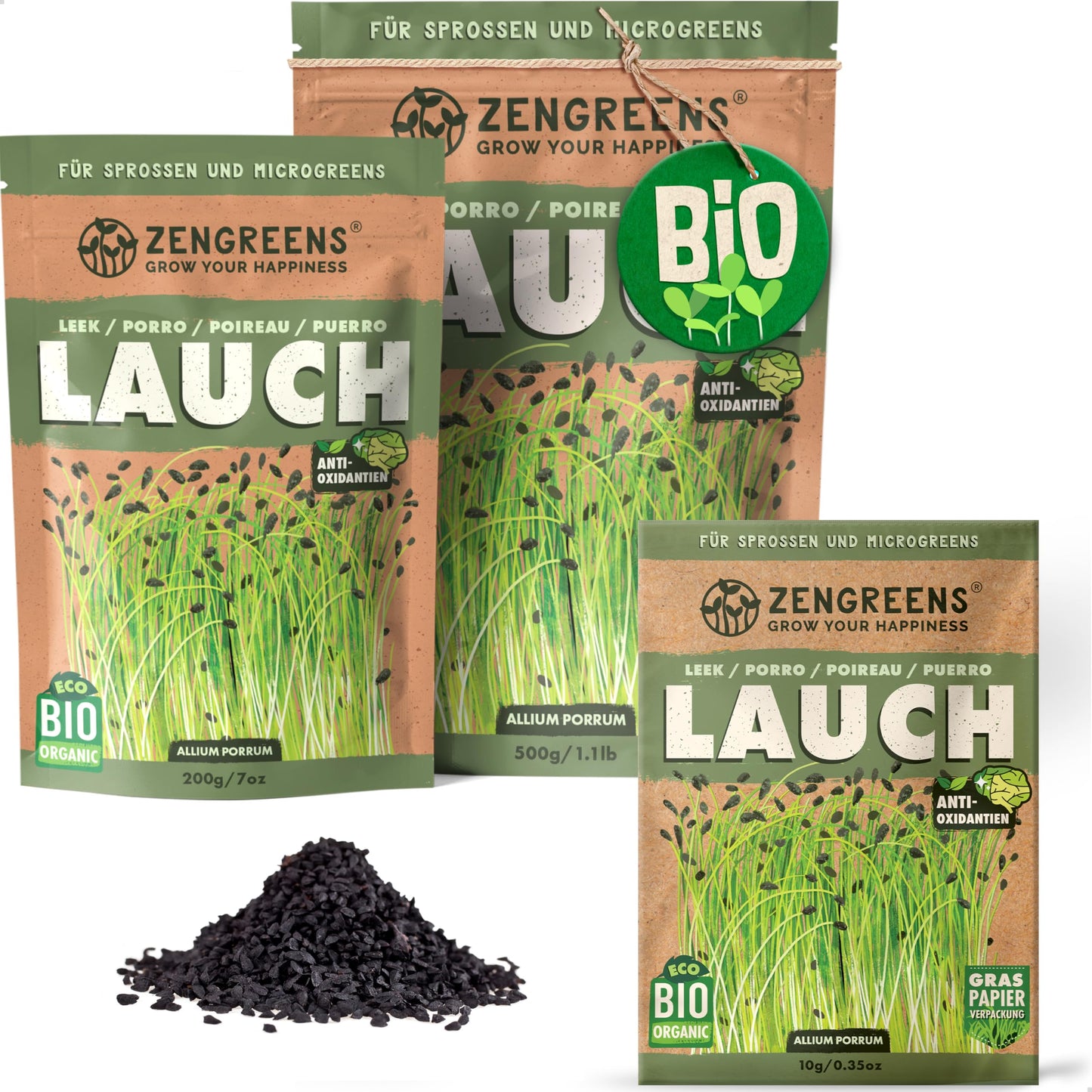 Zengreens organic leek seeds for sprouts and microgreens in eco-friendly packaging, shown in multiple sizes.