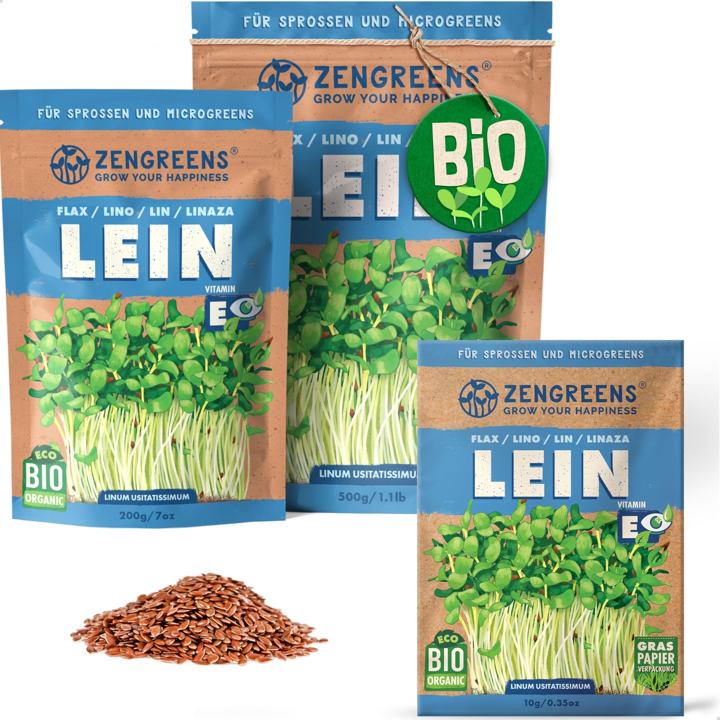 Zengreens organic flax seeds for sprouts and microgreens in eco-friendly packaging, shown in multiple sizes.